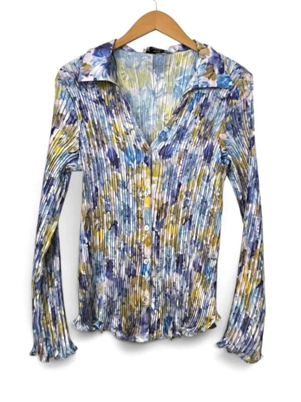 MNG Mango Blue Floral Pleated Long Sleeve Blouse Size 8 Y2K Fairy Italian Fabric